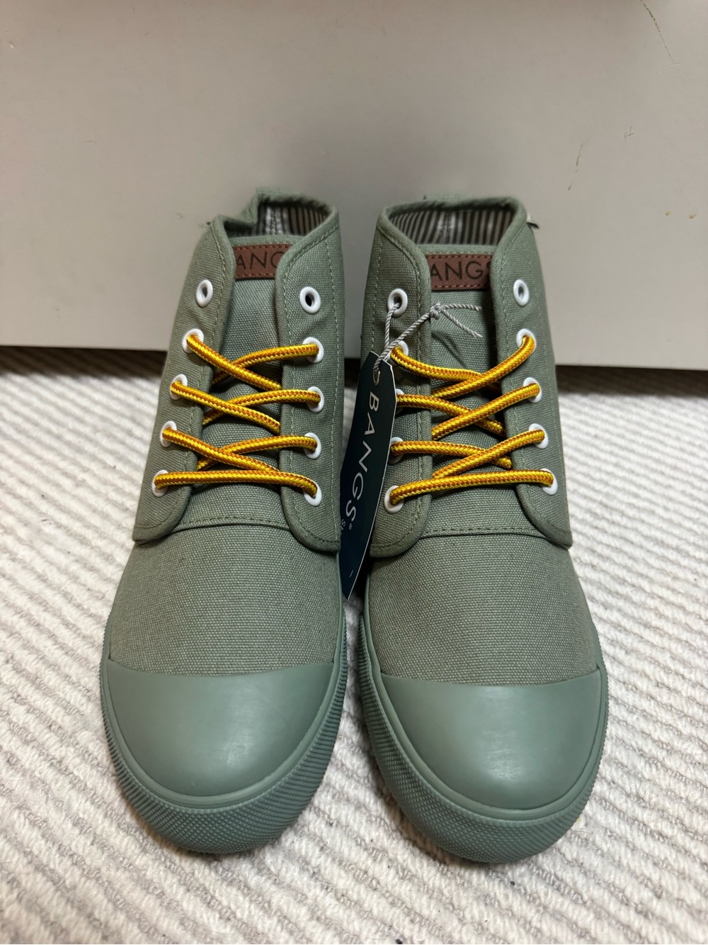 🏷️ Sage Green Canvas Bangs High Top Sneakers with Yellow Laces NWT!!